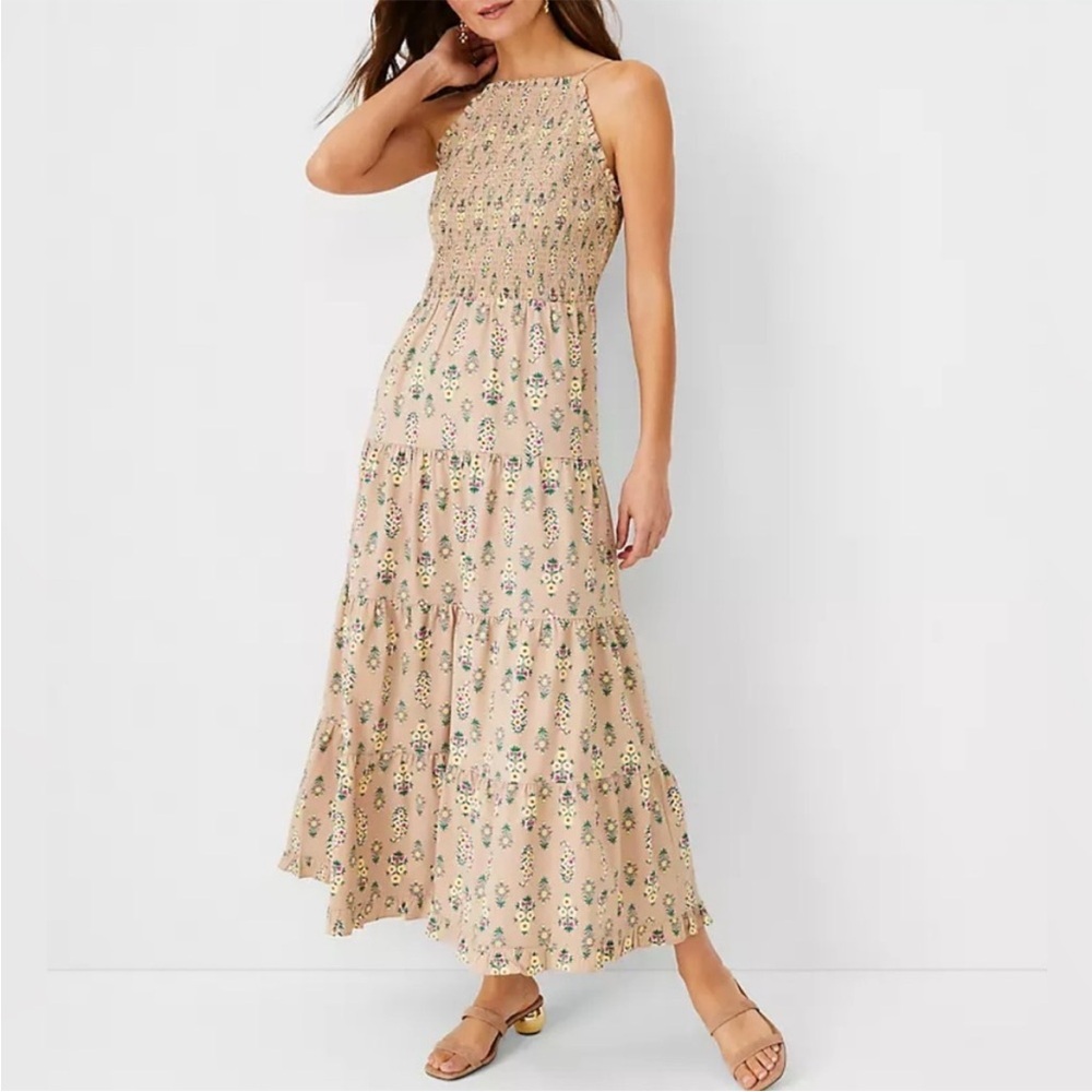 FLORAL TIERED HALTER MAXI DRESS IN WHISKEY CREAM